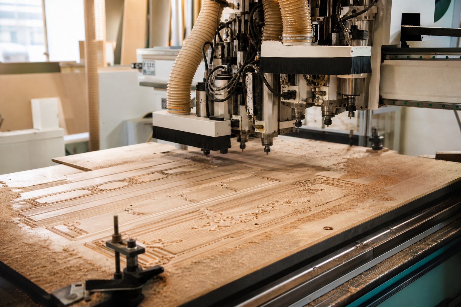 木工 CNC 設備正在加工木板的工作情境