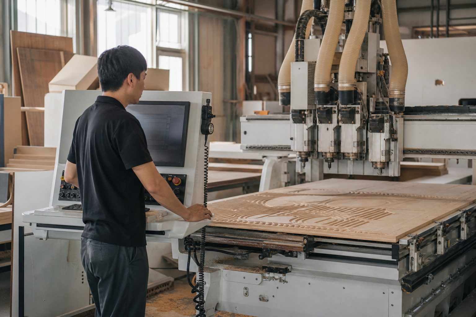 操作人員使用 CNC 控制系統進行木板加工與設備確認
